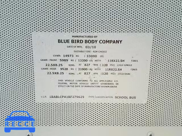 2011 BLUE BIRD SCHOOL BUS 1BABLCPA1BF279629 Bild 9