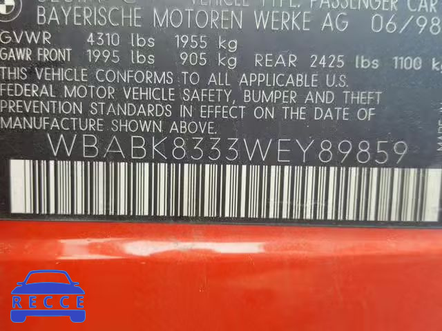 1998 BMW 328 IC AUT WBABK8333WEY89859 image 9