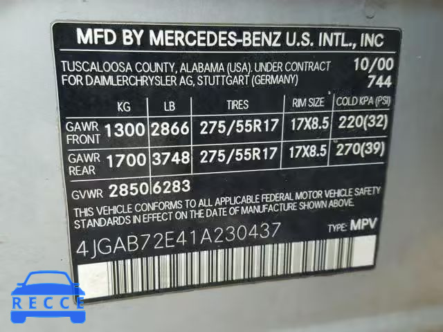 2001 MERCEDES-BENZ ML 430 4JGAB72E41A230437 image 9