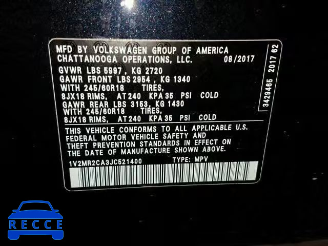 2018 VOLKSWAGEN ATLAS SEL 1V2MR2CA3JC521400 image 9