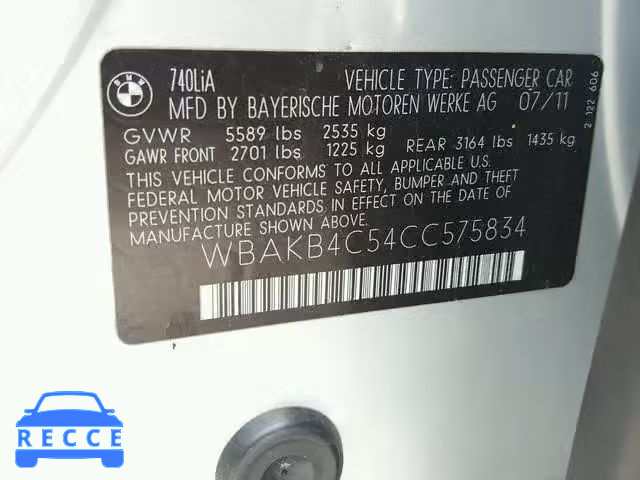 2012 BMW 740 LI WBAKB4C54CC575834 image 9