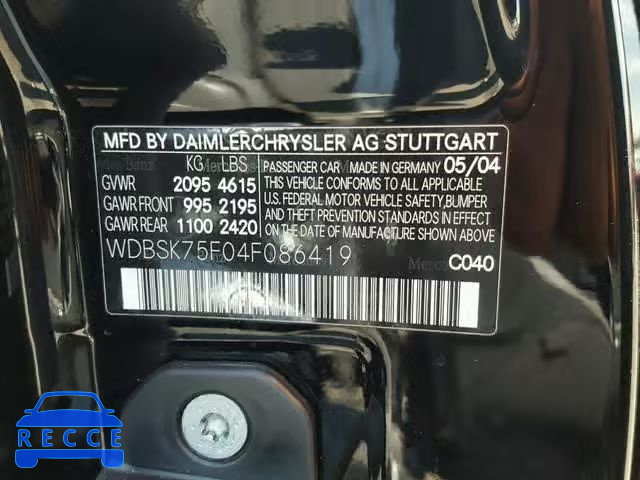 2004 MERCEDES-BENZ SL 500 WDBSK75F04F086419 image 9