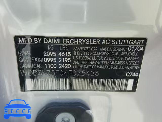 2004 MERCEDES-BENZ SL 500 WDBSK75F04F075436 image 9