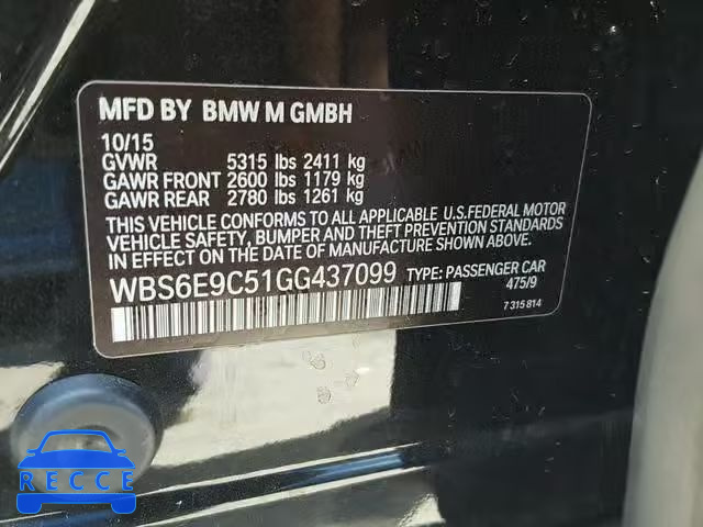 2016 BMW M6 GRAN CO WBS6E9C51GG437099 зображення 9