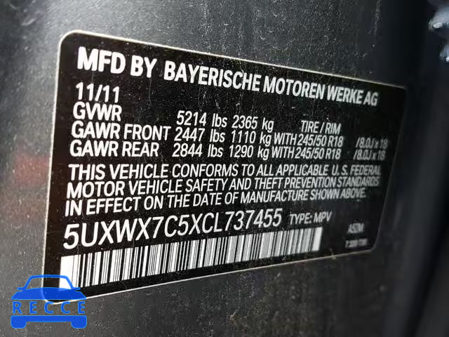 2012 BMW X3 XDRIVE3 5UXWX7C5XCL737455 Bild 9
