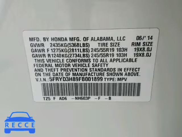 2015 ACURA MDX ADVANC 5FRYD3H89FB001899 image 9