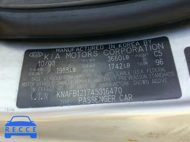 2004 KIA SPECTRA BA KNAFB121745316470 image 9