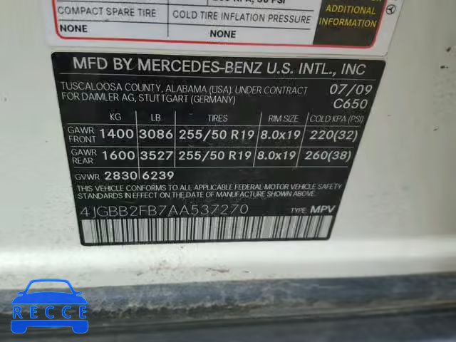 2010 MERCEDES-BENZ ML 350 BLU 4JGBB2FB7AA537270 зображення 9