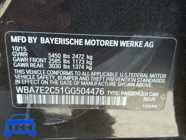 2016 BMW 740 I WBA7E2C51GG504476 зображення 9