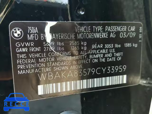 2009 BMW 750 I WBAKA83579CY33959 зображення 9