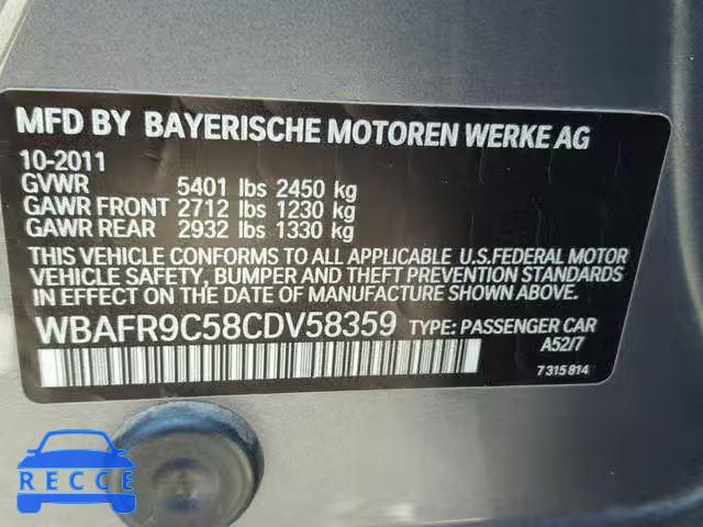 2012 BMW 550 I WBAFR9C58CDV58359 image 9