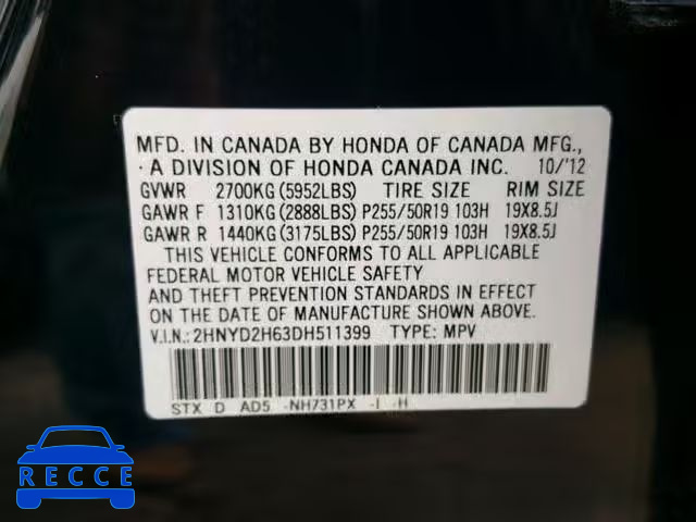 2013 ACURA MDX ADVANC 2HNYD2H63DH511399 Bild 9