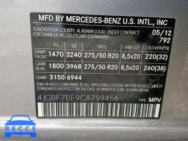 2012 MERCEDES-BENZ GL 450 4JGBF7BE9CA799456 зображення 9