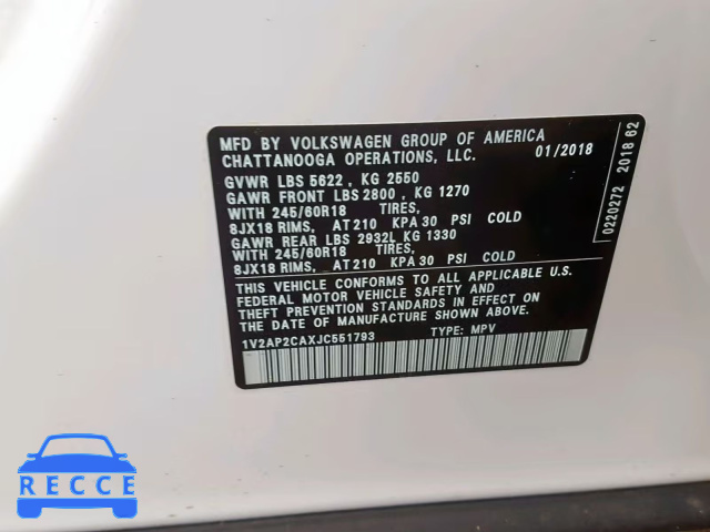 2018 VOLKSWAGEN ATLAS S 1V2AP2CAXJC551793 image 9