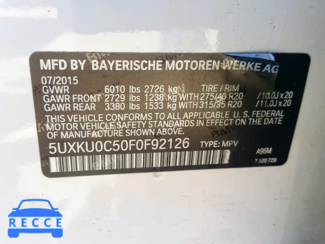 2015 BMW X6 SDRIVE3 5UXKU0C50F0F92126 image 9
