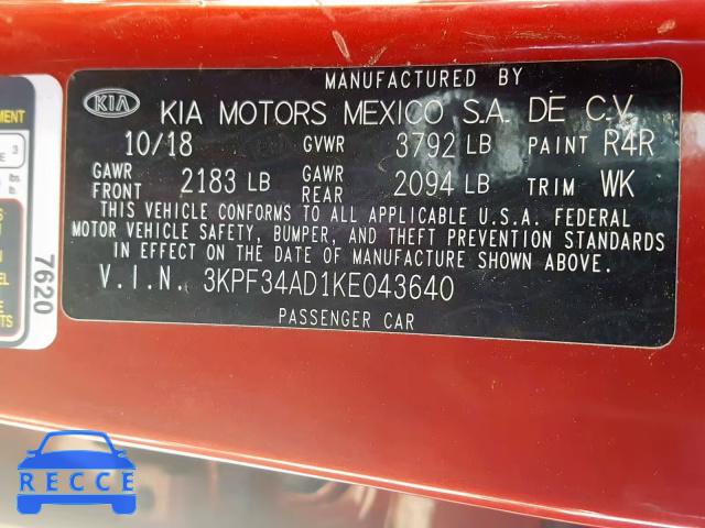 2019 KIA FORTE GT L 3KPF34AD1KE043640 image 9