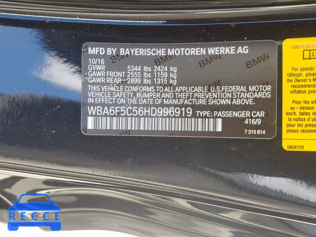 2017 BMW 650 I WBA6F5C56HD996919 зображення 9