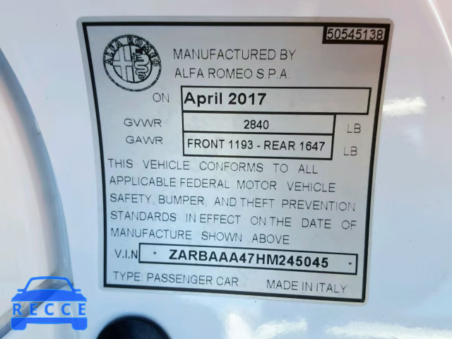 2017 ALFA ROMEO 4C ZARBAAA47HM245045 image 9