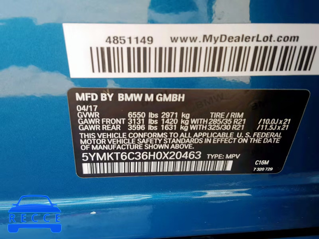 2017 BMW X5 M 5YMKT6C36H0X20463 зображення 9