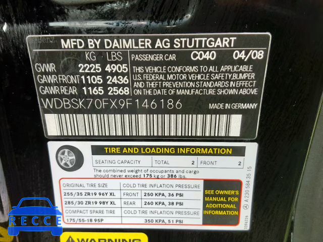 2009 MERCEDES-BENZ SL 63 AMG WDBSK70FX9F146186 image 9
