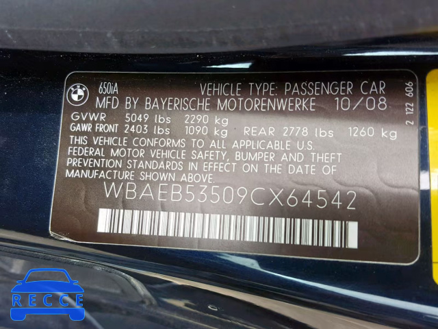 2009 BMW 650 I WBAEB53509CX64542 image 9