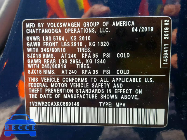 2019 VOLKSWAGEN ATLAS SE 1V2WR2CAXKC559149 зображення 9