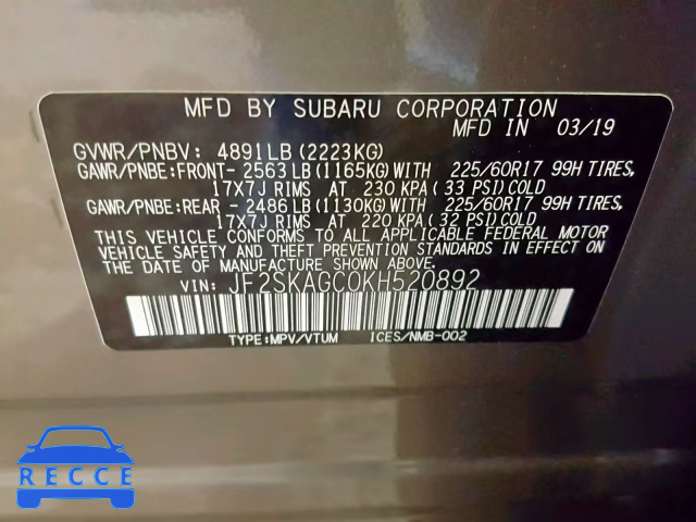 2019 SUBARU FORESTER P JF2SKAGC0KH520892 Bild 9