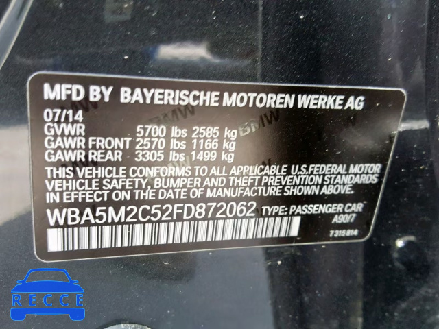 2015 BMW 535 IGT WBA5M2C52FD872062 зображення 9