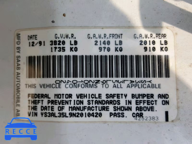 1992 SAAB 900 YS3AL35L9N2010420 image 9