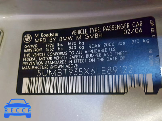 2006 BMW M ROADSTER 5UMBT935X6LE89122 зображення 9