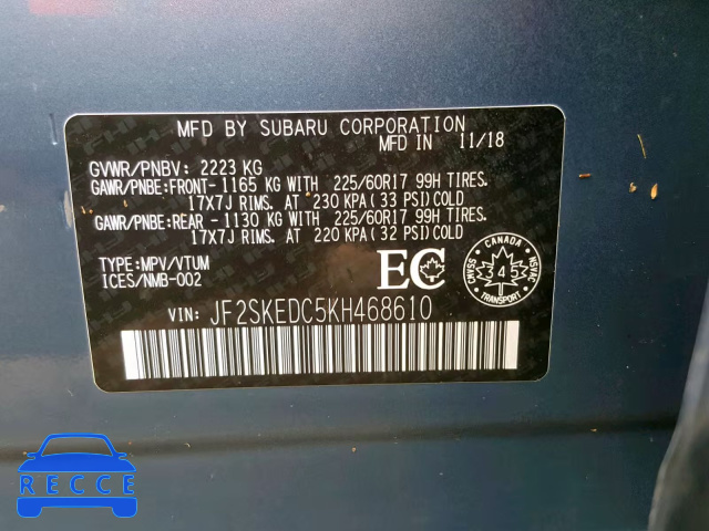 2019 SUBARU FORESTER P JF2SKEDC5KH468610 image 9