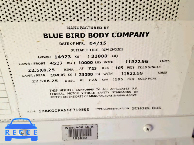 2016 BLUE BIRD SCHOOL BUS 1BAKGCPA5GF319500 зображення 9