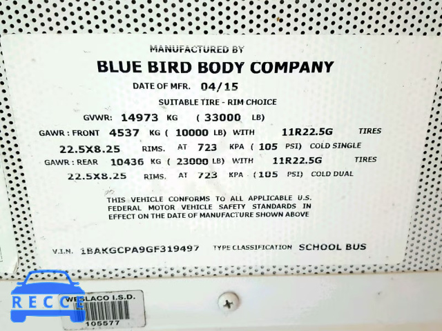 2016 BLUE BIRD SCHOOL BUS 1BAKGCPA9GF319497 зображення 9