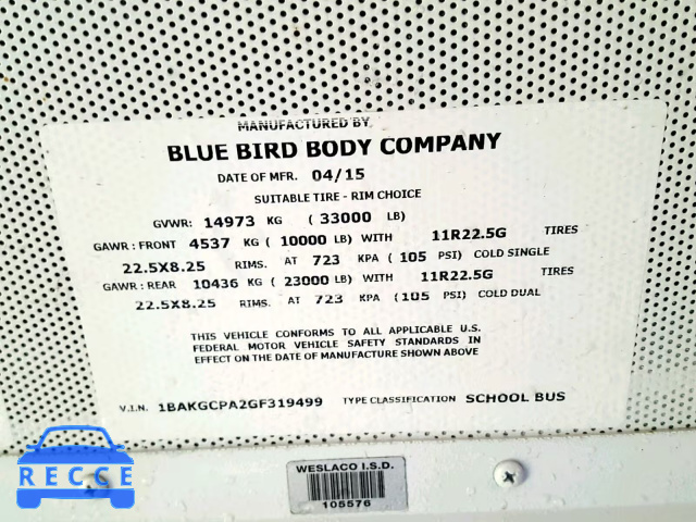 2016 BLUE BIRD SCHOOL BUS 1BAKGCPA2GF319499 Bild 9