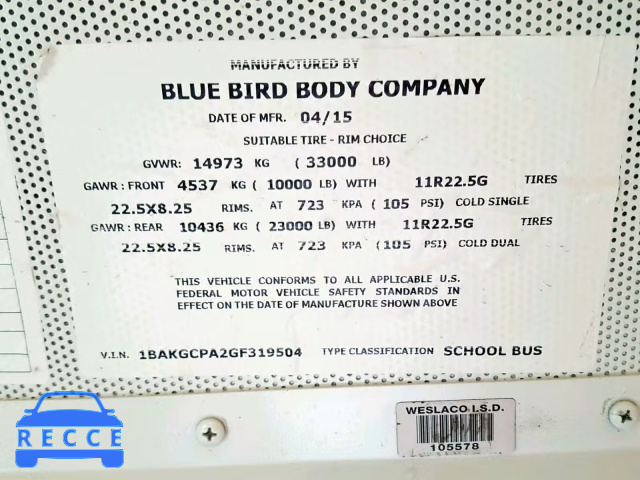 2016 BLUE BIRD SCHOOL BUS 1BAKGCPA2GF319504 зображення 9