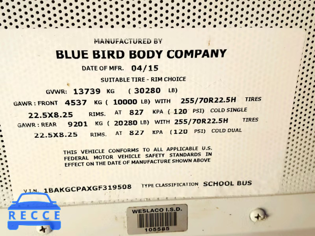 2016 BLUE BIRD SCHOOL BUS 1BAKGCPAXGF319508 image 9