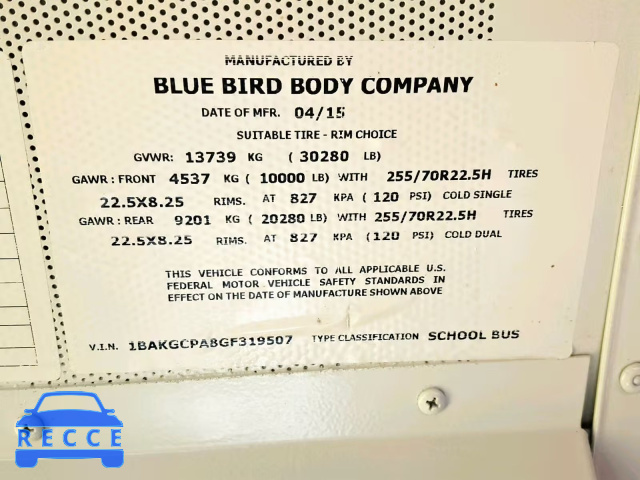 2016 BLUE BIRD SCHOOL BUS 1BAKGCPA8GF319507 зображення 9