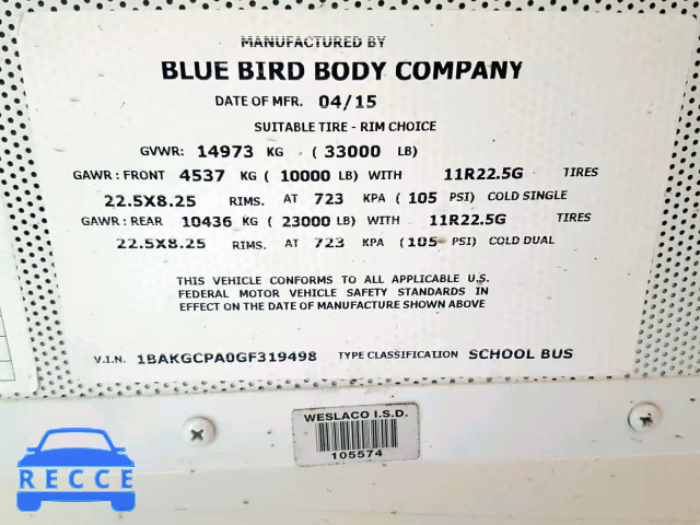 2016 BLUE BIRD SCHOOL BUS 1BAKGCPA0GF319498 image 9