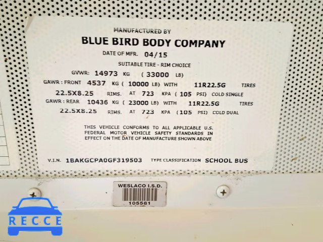 2016 BLUE BIRD SCHOOL BUS 1BAKGCPA0GF319503 image 9
