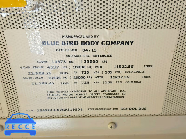 2016 BLUE BIRD SCHOOL BUS 1BAKGCPA7GF319501 Bild 9