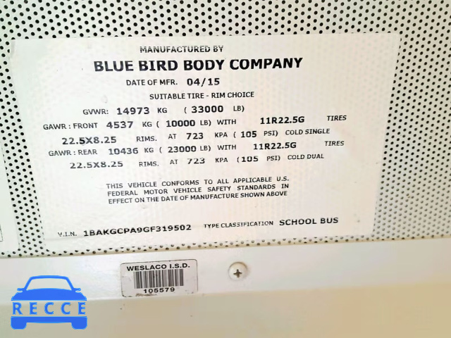 2016 BLUE BIRD SCHOOL BUS 1BAKGCPA9GF319502 image 9