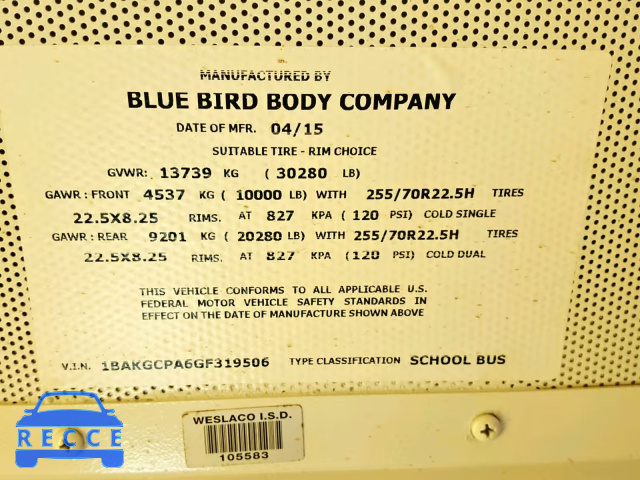 2016 BLUE BIRD SCHOOL BUS 1BAKGCPA6GF319506 зображення 9