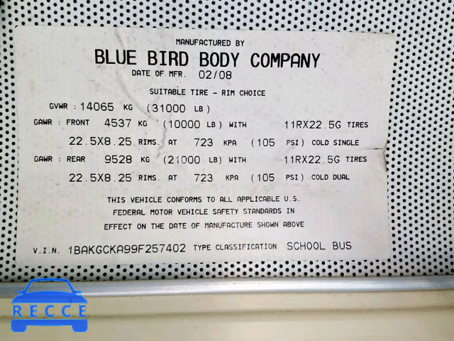 2009 BLUE BIRD SCHOOL BUS 1BAKGCKA99F257402 image 9
