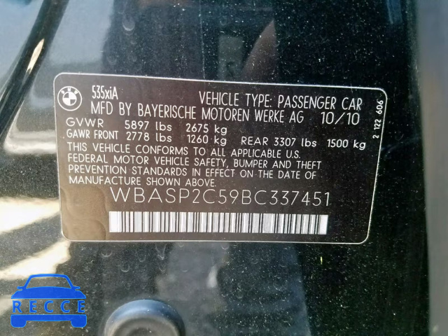 2011 BMW 535 XIGT WBASP2C59BC337451 зображення 9