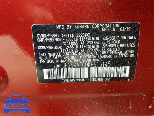 2019 SUBARU FORESTER P JF2SKAEC0KH515145 Bild 9