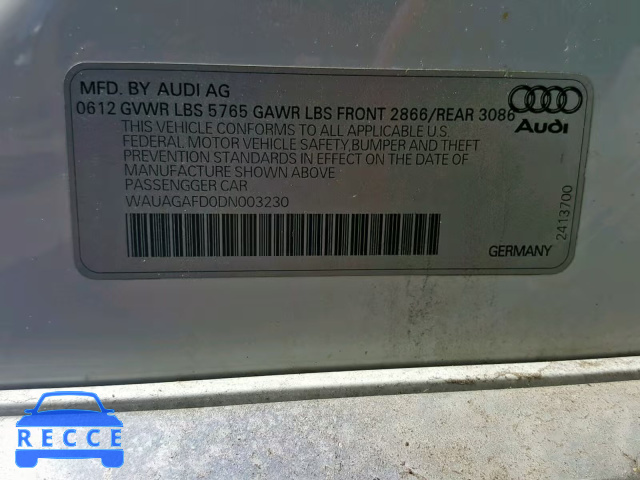 2013 AUDI A8 QUATTRO WAUAGAFD0DN003230 image 9