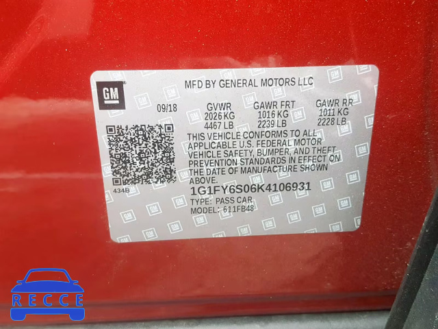 2019 CHEVROLET BOLT EV LT 1G1FY6S06K4106931 зображення 9