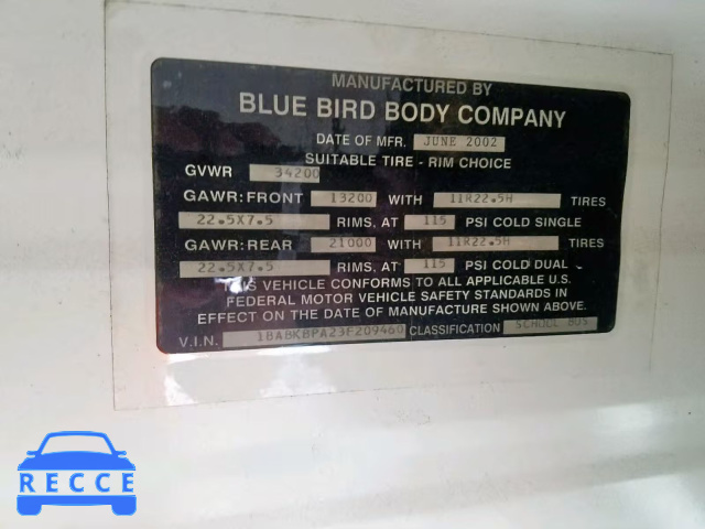 2003 BLUE BIRD SCHOOL BUS 1BABKBPA23F209460 Bild 9