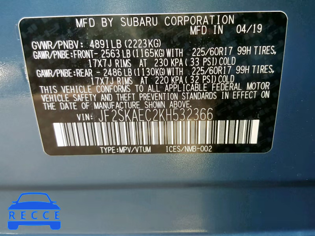 2019 SUBARU FORESTER P JF2SKAEC2KH532366 Bild 9