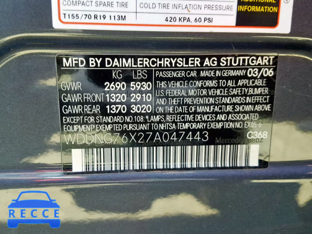 2007 MERCEDES-BENZ S 600 WDDNG76X27A047443 зображення 9